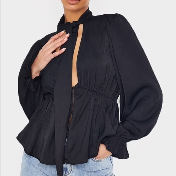 PrettyLittleThing Satin PussyBow Blouse Black - US 4 - Picture 1 of 8